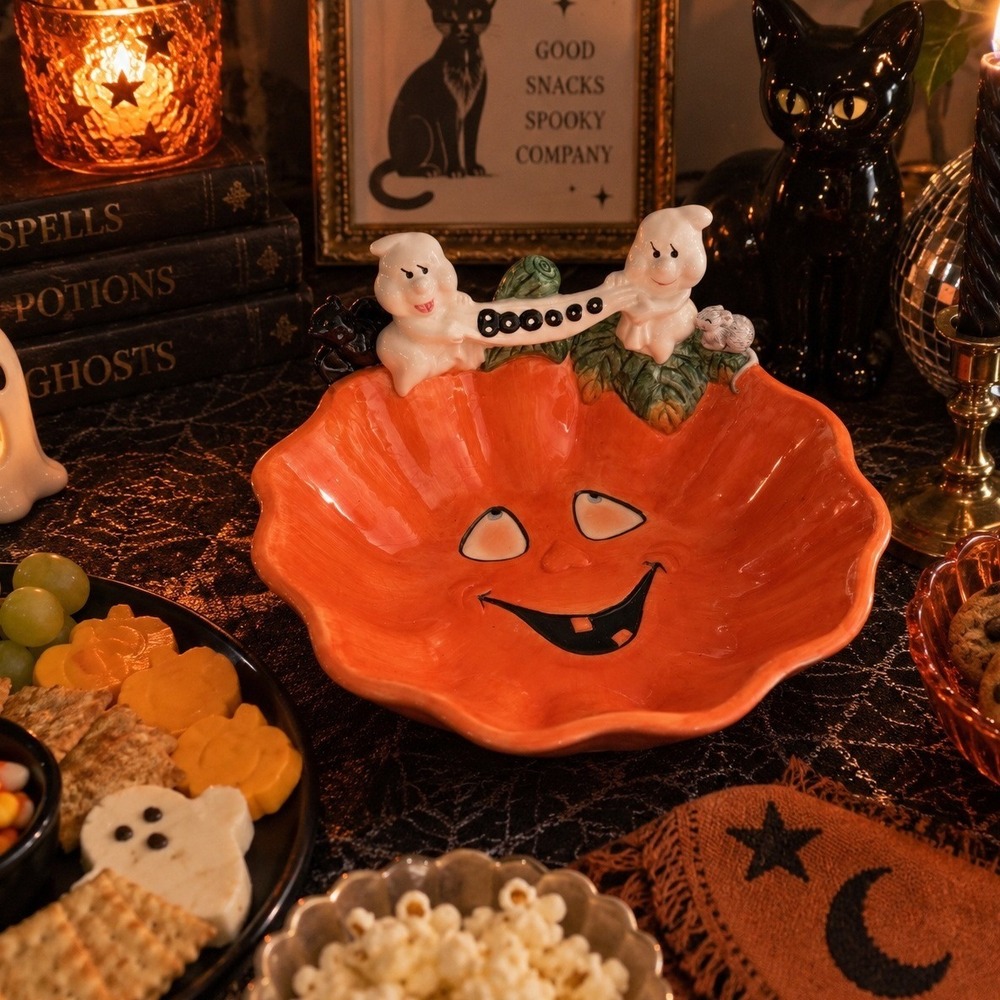 Rare Vintage Omnibus Fitz & Floyd Halloween Pumpkin Candy Serving Bowl Orange